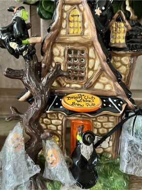 Blue Sky Clayworks Halloween "Broom Club Witches Brew Pub" Ceramic Candle House